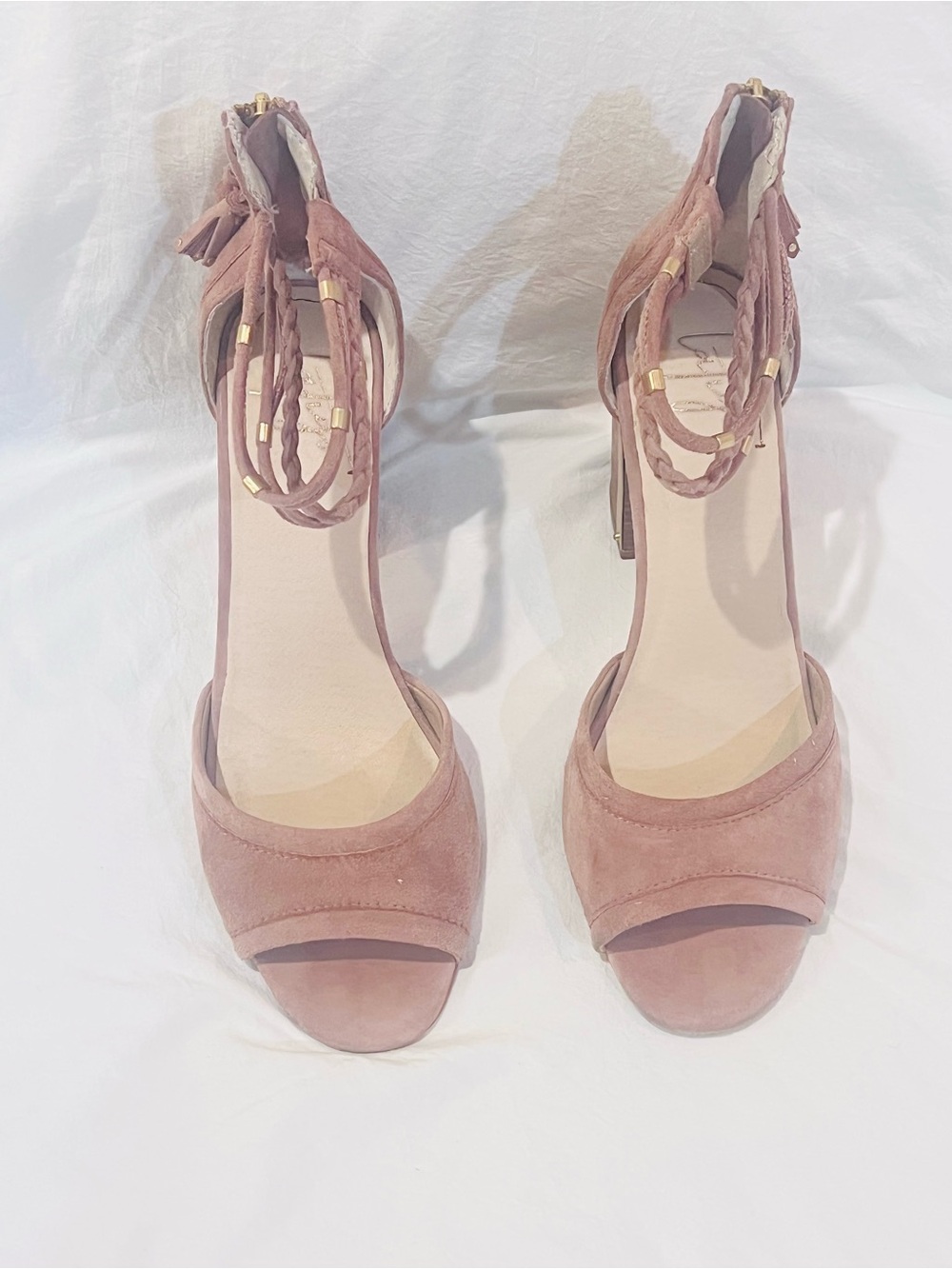 Latigo Dusty Rose Suede Open-Toe Heels with Braided Ankle Wraps